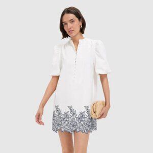 White & Navy Embroidery Mimi Mini Dress, Size XL  New Without Tags